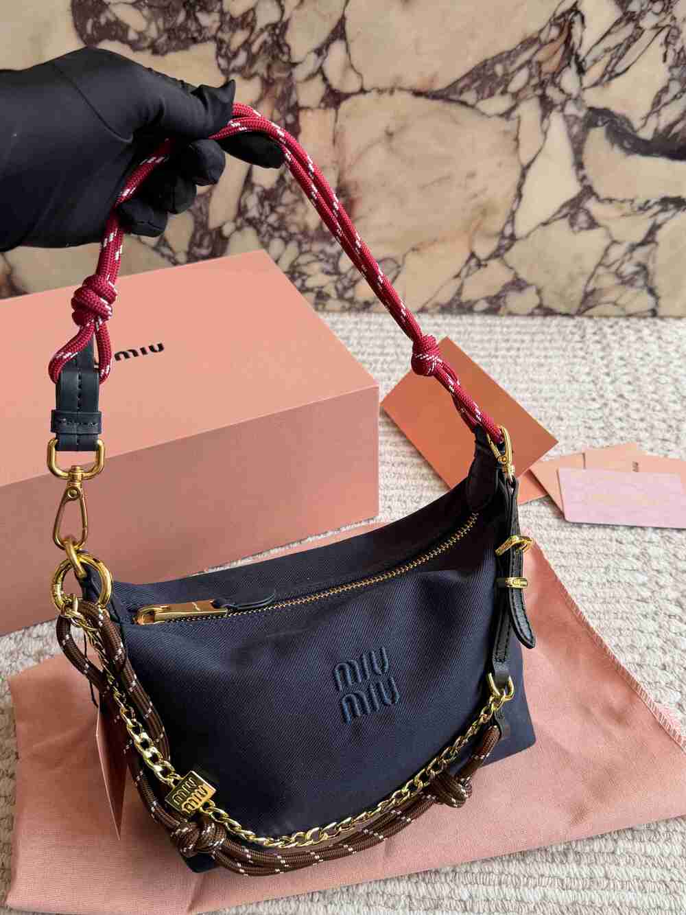 Miu Miu Navy Blue Nylon Hobo Bag Embroidered Logo Rope Strap Crossbody Purse